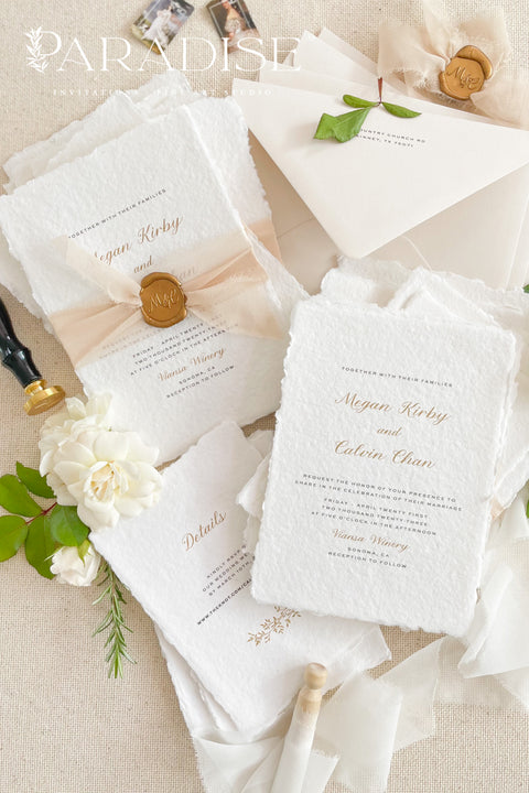 Announce your marriage with a romantic and modern touch. This exquisite suite features elegant modern calligraphy and shimmering golden ink printed on luxurious handmade paper with a delicate deckle edge. The combination of the beautiful golden shine and the unique, textured paper creates a stunning first impression that is both luxurious and organic. These unique invites are perfect for setting a sophisticated and romantic tone for your special day.