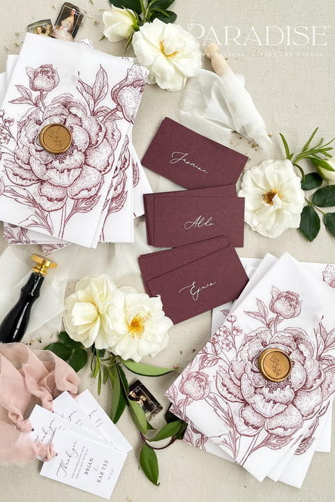 Make a bold, refined statement with our burgundy place cards, designed from premium heavyweight cardstock and finished with elegant calligraphy. Their rich, deep color adds dramatic sophistication to weddings, rehearsal dinners, galas, and modern celebrations. Whether styled with fine-art florals or paired with minimalist décor, these place cards bring effortless luxury, contrast, and warmth to any tablescape.