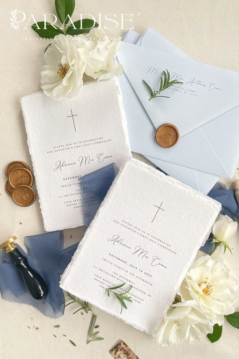 A timeless christening invitation crafted from luxurious handmade paper and designed to honor faith, family, and tradition. Featuring a delicate cross motif, refined typography, and soft blue accents, this invitation is perfect for baptisms and christenings held in church settings. An elegant keepsake that beautifully reflects the sacred meaning of the day.
