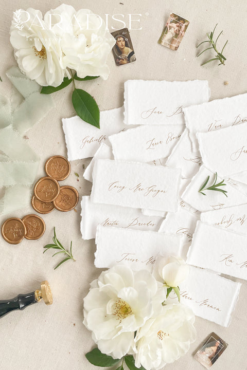 Create a romantic, fine-art tablescape with our handmade paper place cards, crafted from luxurious cotton rag paper and finished with soft, torn deckled edges. Each card features elegant calligraphy, delicate chiffon ribbon, and a timeless organic texture - perfect for weddings, intimate dinners, bridal showers, or upscale celebrations. These artisan-crafted pieces bring softness, refinement, and natural beauty to any seating display.