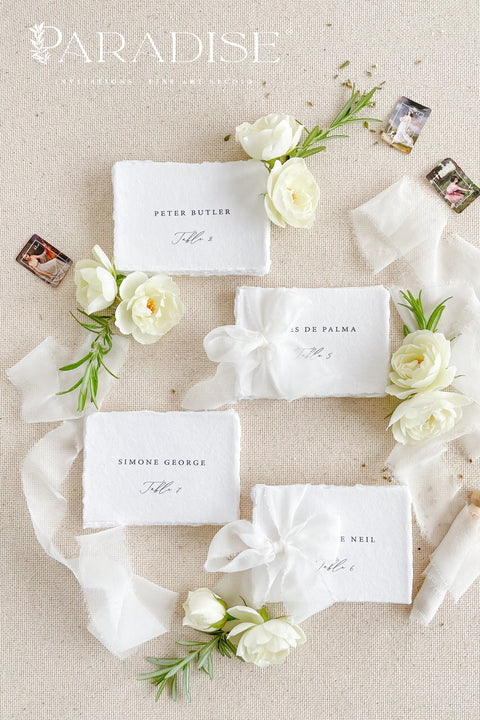 Add refined elegance to your seating display with our handmade paper place cards, crafted from luxurious cotton rag paper and finished with naturally torn deckled edges. Each card features minimalist typography paired with a soft fine-art aesthetic, making them perfect for weddings, intimate dinners, bridal showers, and elevated celebrations. With their organic texture and timeless look, these artisan-crafted cards bring sophistication and effortless beauty to any tablescape.