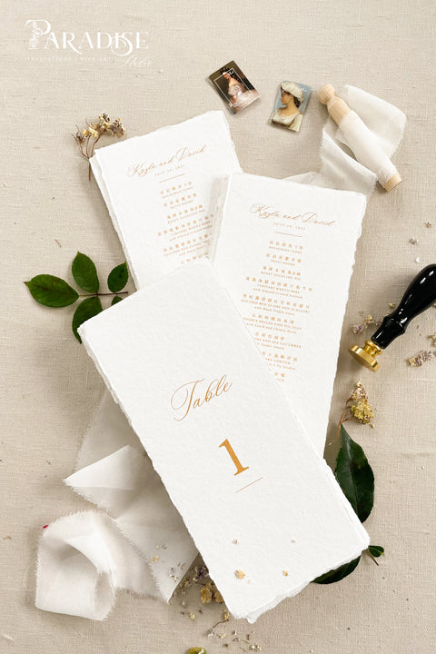 Add a touch of luxury and refinement to your reception with our handmade paper wedding menus in gold foil. Crafted from premium cotton paper with natural deckled edges, each menu radiates artisanal beauty and timeless elegance. The shimmering gold calligraphy and fine typography elevate your tablescape, making every setting look polished and romantic. 