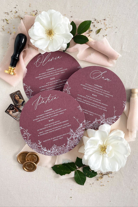 Add a modern twist to timeless elegance with our circle-shaped wedding menus, designed to make your table setting truly unforgettable. Printed on premium textured cardstock, these round menus blend artistic floral detailing with elegant typography, creating a look that’s both unique and refined. Perfect for romantic receptions, modern celebrations, or luxury garden weddings, these circular menus instantly elevate your guest experience with a graceful touch of design innovation.