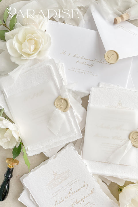 Announce your wedding with timeless elegance through our handmade deckled-edge wedding invitations, beautifully wrapped in vellum overlays, soft chiffon ribbons, and finished with custom gold wax seals. Each invitation is meticulously crafted by hand using luxury cotton paper, creating a textured, organic look that exudes romance and sophistication.