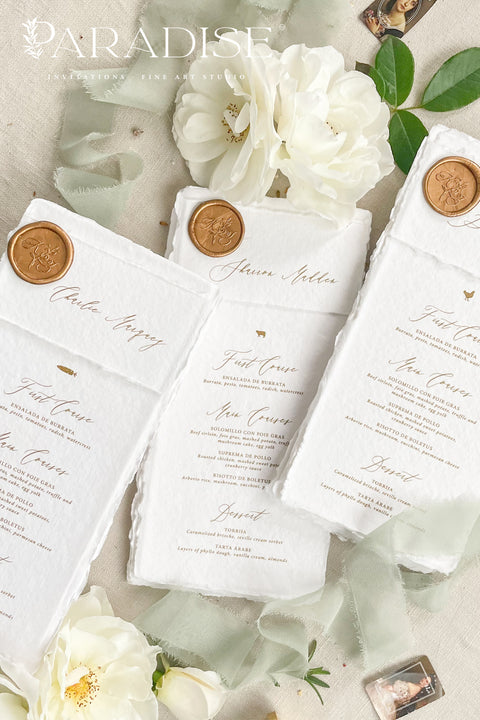 Capture timeless elegance with these handmade paper wedding menus, featuring classic deckled edges, refined calligraphy, and a luxurious gold wax seal. Each menu is handcrafted from 100% cotton rag paper, lending a rich texture and organic feel that instantly elevates any fine-art or romantic wedding aesthetic. Whether you’re hosting an intimate garden celebration, a formal black-tie dinner, or a destination wedding.