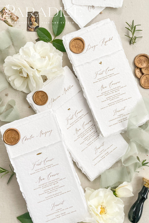 Capture timeless elegance with these handmade paper wedding menus, featuring classic deckled edges, refined calligraphy, and a luxurious gold wax seal. Each menu is handcrafted from 100% cotton rag paper, lending a rich texture and organic feel that instantly elevates any fine-art or romantic wedding aesthetic. Whether you’re hosting an intimate garden celebration, a formal black-tie dinner, or a destination wedding.
