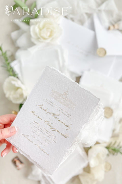 Announce your wedding with timeless elegance through our handmade deckled-edge wedding invitations, beautifully wrapped in vellum overlays, soft chiffon ribbons, and finished with custom gold wax seals. Each invitation is meticulously crafted by hand using luxury cotton paper, creating a textured, organic look that exudes romance and sophistication.