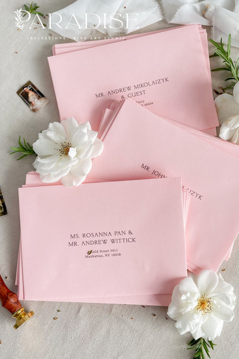 Dusty pink wedding envelopes with professional address printing, crafted from premium paper and styled to show soft color, smooth texture, and refined typography.