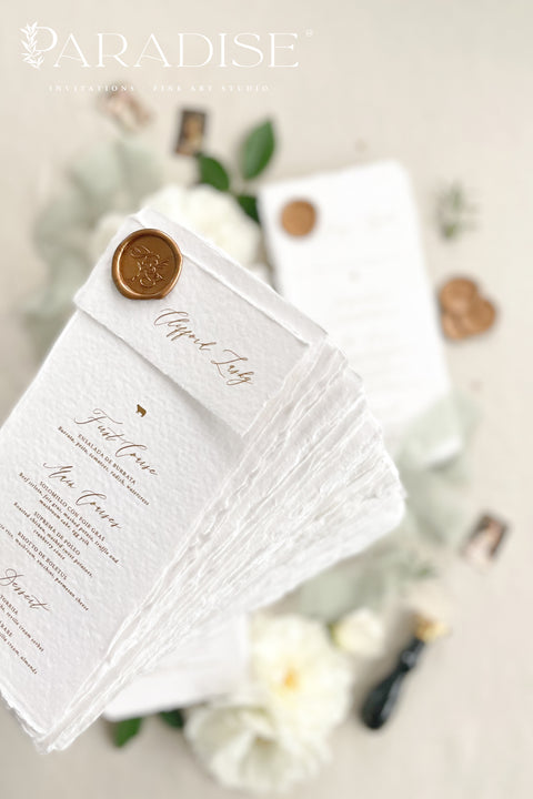Capture timeless elegance with these handmade paper wedding menus, featuring classic deckled edges, refined calligraphy, and a luxurious gold wax seal. Each menu is handcrafted from 100% cotton rag paper, lending a rich texture and organic feel that instantly elevates any fine-art or romantic wedding aesthetic. Whether you’re hosting an intimate garden celebration, a formal black-tie dinner, or a destination wedding.