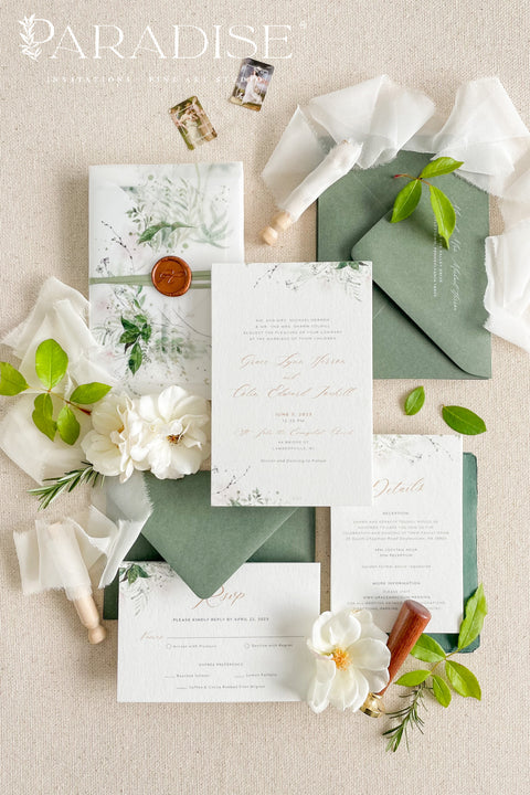 Bring the beauty of nature to your wedding day with our botanical vellum wedding invitation suite, designed for couples who adore timeless elegance with a modern organic touch. Each invitation is printed on luxury textured paper featuring soft watercolor greenery and wrapped in a translucent vellum cover, sealed with a warm wax seal for a romantic fine art finish.