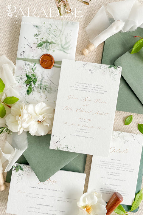 Bring the beauty of nature to your wedding day with our botanical vellum wedding invitation suite, designed for couples who adore timeless elegance with a modern organic touch. Each invitation is printed on luxury textured paper featuring soft watercolor greenery and wrapped in a translucent vellum cover, sealed with a warm wax seal for a romantic fine art finish.