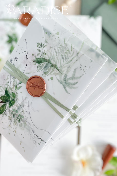 Bring the beauty of nature to your wedding day with our botanical vellum wedding invitation suite, designed for couples who adore timeless elegance with a modern organic touch. Each invitation is printed on luxury textured paper featuring soft watercolor greenery and wrapped in a translucent vellum cover, sealed with a warm wax seal for a romantic fine art finish.