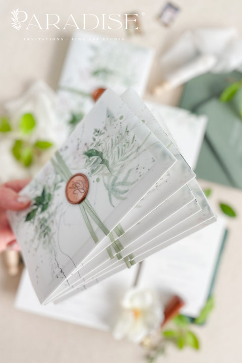 Bring the beauty of nature to your wedding day with our botanical vellum wedding invitation suite, designed for couples who adore timeless elegance with a modern organic touch. Each invitation is printed on luxury textured paper featuring soft watercolor greenery and wrapped in a translucent vellum cover, sealed with a warm wax seal for a romantic fine art finish.