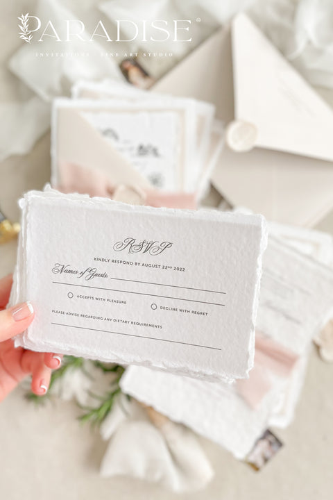 This handmade paper wedding invitation suite brings artistry and sentiment together. Each piece is printed on luxurious cotton paper with deckled edges, giving it a naturally soft and organic texture. The highlight of this suite is your custom hand-drawn map, created exclusively for your wedding to showcase your venue and key locations in elegant line art. Paired with blush silk ribbon, ivory envelopes, and a matching wax seal.