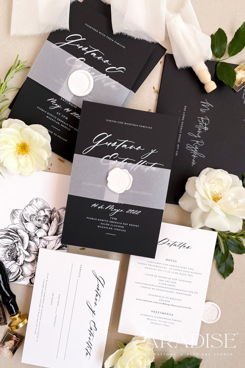Sleek, elegant, and undeniably timeless - our black and white wedding invitation suite captures modern sophistication with a fine art twist. Printed on luxury matte cardstock, each invitation features crisp typography, vellum overlays, and a white wax seal for a touch of romance and refinement. Perfect for modern, black-tie, or minimalist weddings, this suite tells your story through contrast and craftsmanship - a beautiful reflection of contemporary love with classic undertones.