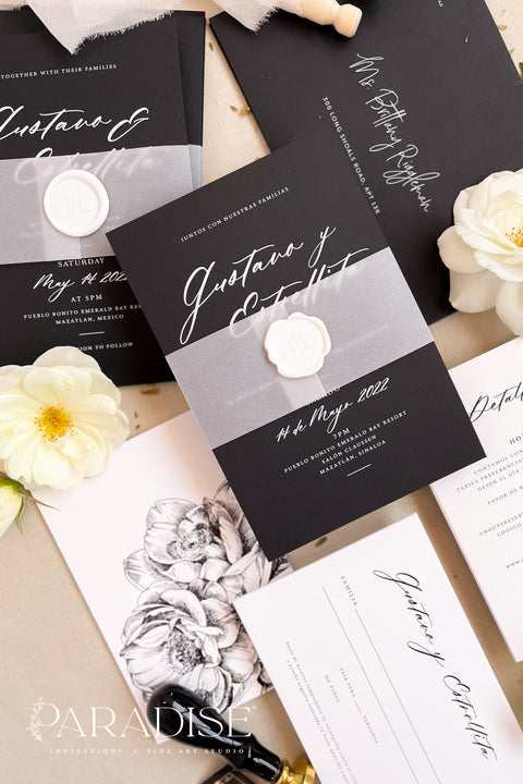 Sleek, elegant, and undeniably timeless - our black and white wedding invitation suite captures modern sophistication with a fine art twist. Printed on luxury matte cardstock, each invitation features crisp typography, vellum overlays, and a white wax seal for a touch of romance and refinement. Perfect for modern, black-tie, or minimalist weddings, this suite tells your story through contrast and craftsmanship - a beautiful reflection of contemporary love with classic undertones.