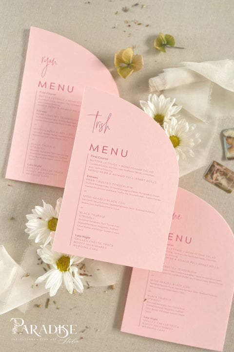 Make your wedding tables unforgettable with our half-arch wedding menus - a chic, contemporary twist on classic stationery. Designed in soft blush tones and printed on luxury textured cardstock, these menus combine modern shapes with elegant typography. Perfect for romantic garden weddings, pastel-themed events, or minimalist celebrations, they bring a playful yet sophisticated touch to your reception decor.