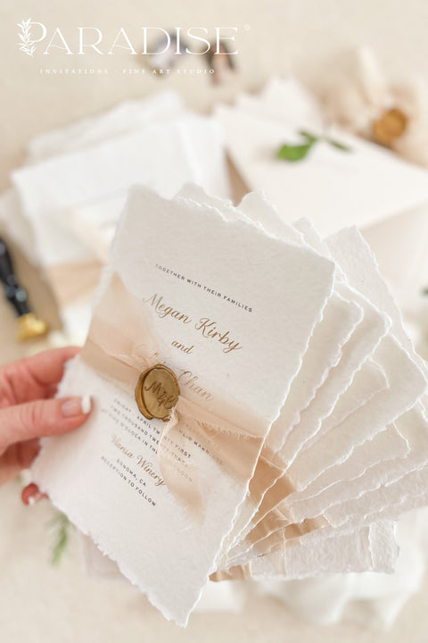 Announce your marriage with a romantic and modern touch. This exquisite suite features elegant modern calligraphy and shimmering golden ink printed on luxurious handmade paper with a delicate deckle edge. The combination of the beautiful golden shine and the unique, textured paper creates a stunning first impression that is both luxurious and organic. These unique invites are perfect for setting a sophisticated and romantic tone for your special day.