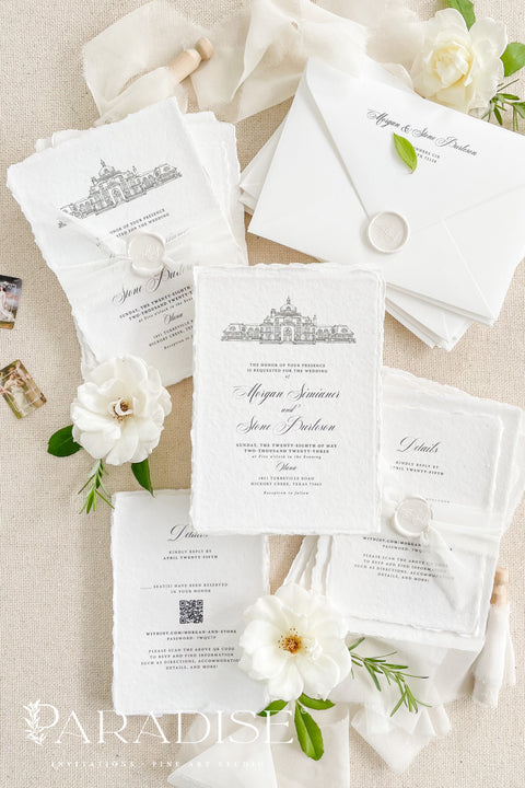 Our handmade wedding invitation suite features a custom hand-drawn illustration of your wedding venue, beautifully printed on luxury cotton paper with deckled edges. Each invitation is finished with a delicate wax seal and minimal fine art typography, creating a design that’s both classic and sophisticated. Soft textures, natural tones, and artisanal craftsmanship make it a perfect fit for estate, destination, or fine art weddings with a refined aesthetic.