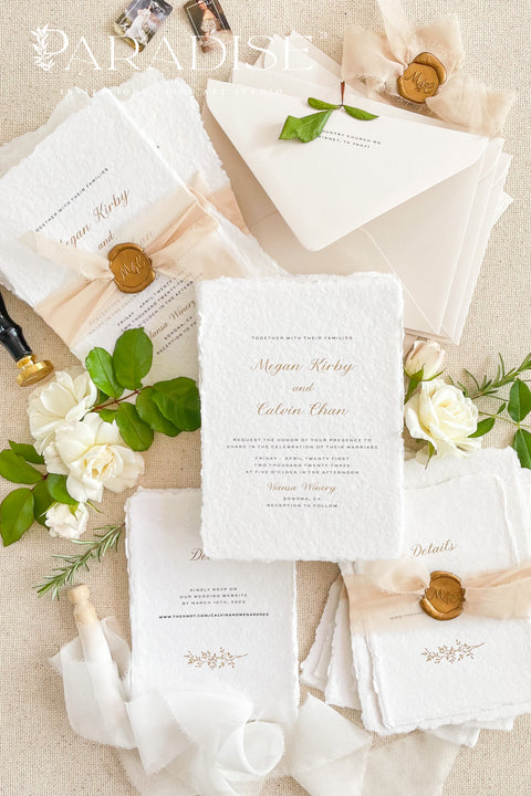 Announce your marriage with a romantic and modern touch. This exquisite suite features elegant modern calligraphy and shimmering golden ink printed on luxurious handmade paper with a delicate deckle edge. The combination of the beautiful golden shine and the unique, textured paper creates a stunning first impression that is both luxurious and organic. These unique invites are perfect for setting a sophisticated and romantic tone for your special day.