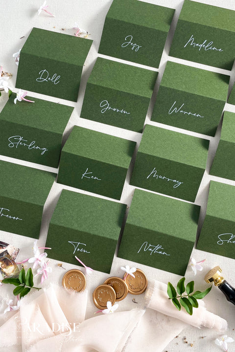 Bring depth, richness, and modern elegance to your tablescape with our forest green place cards, crafted from premium heavyweight cardstock and printed with refined calligraphy. Their deep green tone offers a sophisticated, nature-inspired aesthetic perfect for weddings, dinner parties, winter celebrations, and fine-art events. These cards provide bold contrast and a polished finish, making your seating arrangement both stylish and memorable.
