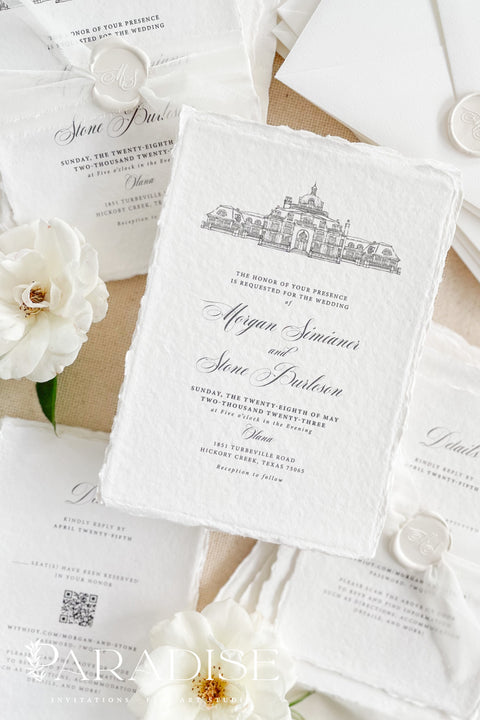 Our handmade wedding invitation suite features a custom hand-drawn illustration of your wedding venue, beautifully printed on luxury cotton paper with deckled edges. Each invitation is finished with a delicate wax seal and minimal fine art typography, creating a design that’s both classic and sophisticated. Soft textures, natural tones, and artisanal craftsmanship make it a perfect fit for estate, destination, or fine art weddings with a refined aesthetic.