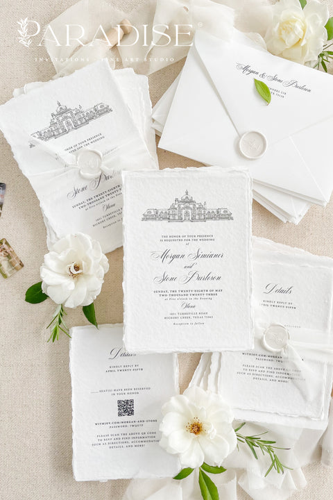 Our handmade wedding invitation suite features a custom hand-drawn illustration of your wedding venue, beautifully printed on luxury cotton paper with deckled edges. Each invitation is finished with a delicate wax seal and minimal fine art typography, creating a design that’s both classic and sophisticated. Soft textures, natural tones, and artisanal craftsmanship make it a perfect fit for estate, destination, or fine art weddings with a refined aesthetic.