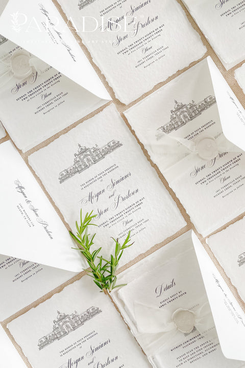 Our handmade wedding invitation suite features a custom hand-drawn illustration of your wedding venue, beautifully printed on luxury cotton paper with deckled edges. Each invitation is finished with a delicate wax seal and minimal fine art typography, creating a design that’s both classic and sophisticated. Soft textures, natural tones, and artisanal craftsmanship make it a perfect fit for estate, destination, or fine art weddings with a refined aesthetic.