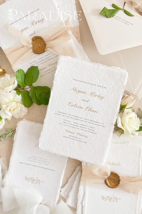 Announce your marriage with a romantic and modern touch. This exquisite suite features elegant modern calligraphy and shimmering golden ink printed on luxurious handmade paper with a delicate deckle edge. The combination of the beautiful golden shine and the unique, textured paper creates a stunning first impression that is both luxurious and organic. These unique invites are perfect for setting a sophisticated and romantic tone for your special day.