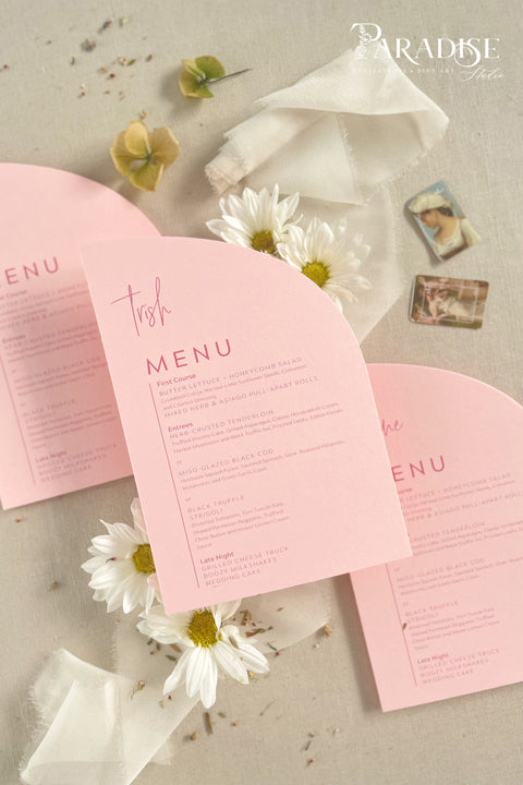 Make your wedding tables unforgettable with our half-arch wedding menus - a chic, contemporary twist on classic stationery. Designed in soft blush tones and printed on luxury textured cardstock, these menus combine modern shapes with elegant typography. Perfect for romantic garden weddings, pastel-themed events, or minimalist celebrations, they bring a playful yet sophisticated touch to your reception decor.