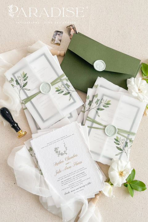 This exquisite wedding invitation set offers a blend of natural elegance and romantic charm. Each timeless romantic wedding stationery piece is printed on luxurious handmade paper with a beautiful deckle edge, providing a rich, tactile feel. The result is a truly elegant and beautiful suite that is also an environmentally conscious choice, perfect for your special day.