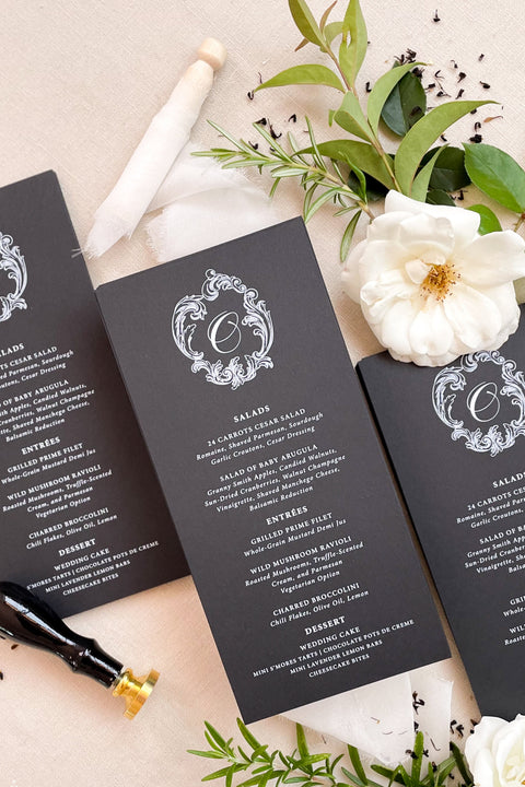 Make a bold and timeless impression with our black and white wedding menus, featuring a refined monogram design and exquisite typography. Crafted on luxury matte cardstock, each piece combines classic elegance with modern minimalism, making it ideal for black-tie weddings, luxury receptions, and sophisticated events. Designed for couples who appreciate fine art stationery, these menus bring harmony, contrast, and elevated refinement to every table setting.