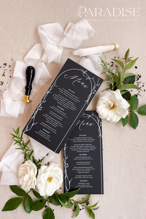 Create a striking modern statement with our black and white wedding menus, featuring refined botanical line art and elegant script typography. Printed on luxury matte cardstock, these menus perfectly balance minimalism and sophistication, making them ideal for black-tie weddings, elegant soirées, and fine dining events. Every design is crafted to complement your tablescape - timeless, clean, and beautifully bold.