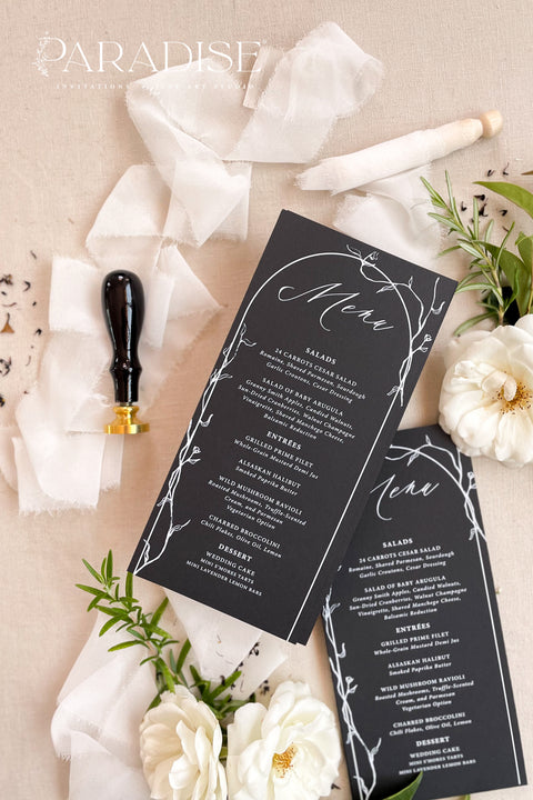 Create a striking modern statement with our black and white wedding menus, featuring refined botanical line art and elegant script typography. Printed on luxury matte cardstock, these menus perfectly balance minimalism and sophistication, making them ideal for black-tie weddings, elegant soirées, and fine dining events. Every design is crafted to complement your tablescape - timeless, clean, and beautifully bold.