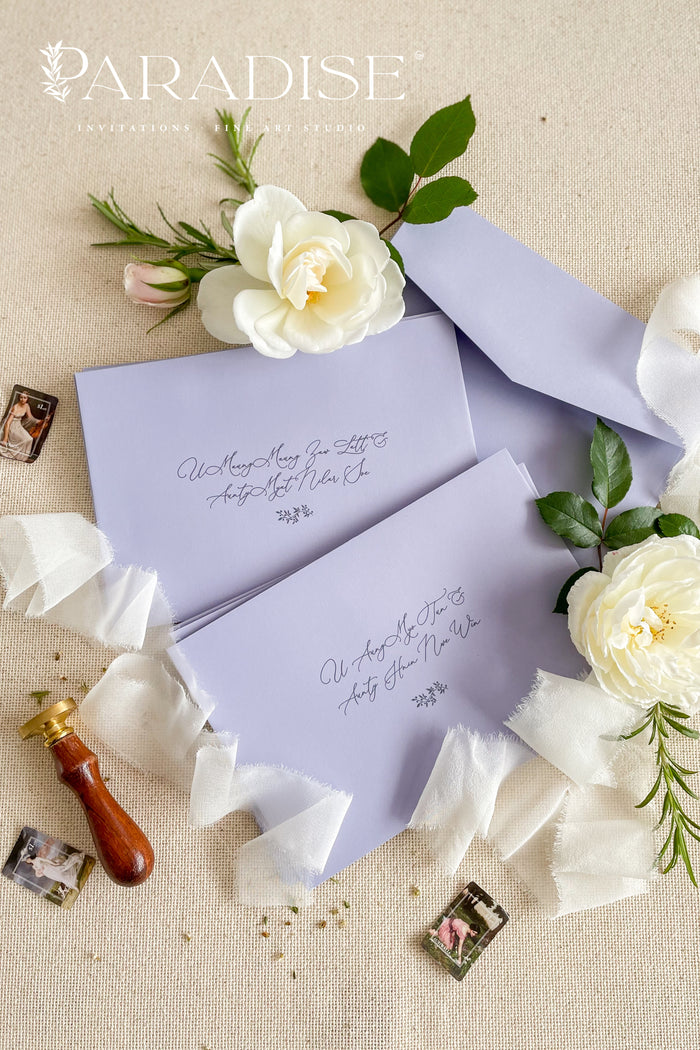 Lilac Envelopes and Black Ink Printing