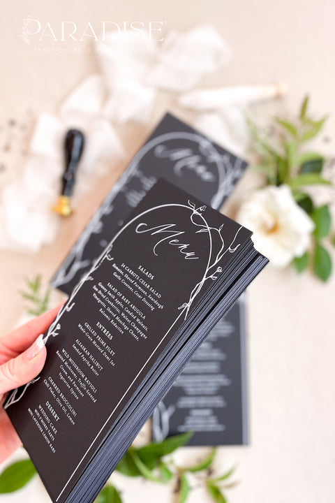 Create a striking modern statement with our black and white wedding menus, featuring refined botanical line art and elegant script typography. Printed on luxury matte cardstock, these menus perfectly balance minimalism and sophistication, making them ideal for black-tie weddings, elegant soirées, and fine dining events. Every design is crafted to complement your tablescape - timeless, clean, and beautifully bold.