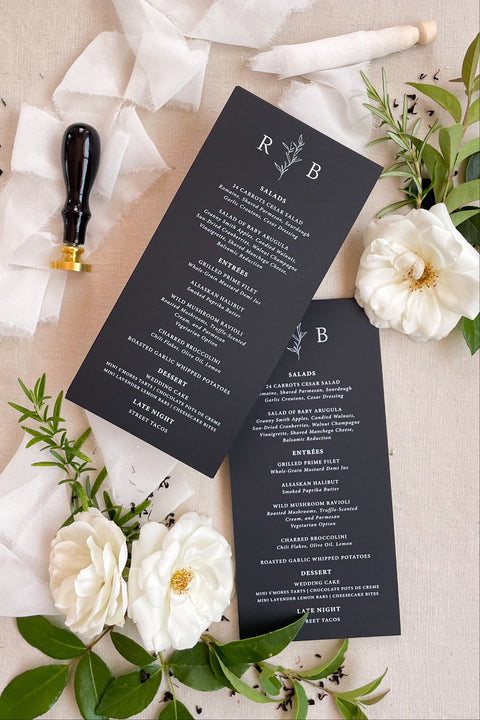 Create a bold statement with our modern black and white wedding menus, featuring refined typography, minimalist design, and luxurious matte cardstock. Perfect for elegant soirées, contemporary weddings, and black-tie celebrations, these menus exude sophistication and timeless style. Each menu is designed to balance simplicity with elegance - a seamless addition to your fine art or modern wedding tablescape.
