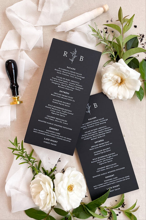 Create a bold statement with our modern black and white wedding menus, featuring refined typography, minimalist design, and luxurious matte cardstock. Perfect for elegant soirées, contemporary weddings, and black-tie celebrations, these menus exude sophistication and timeless style. Each menu is designed to balance simplicity with elegance - a seamless addition to your fine art or modern wedding tablescape.