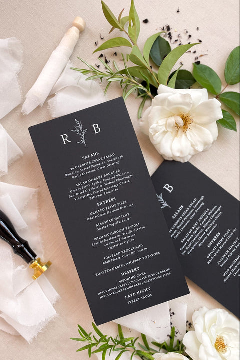 Create a bold statement with our modern black and white wedding menus, featuring refined typography, minimalist design, and luxurious matte cardstock. Perfect for elegant soirées, contemporary weddings, and black-tie celebrations, these menus exude sophistication and timeless style. Each menu is designed to balance simplicity with elegance - a seamless addition to your fine art or modern wedding tablescape.