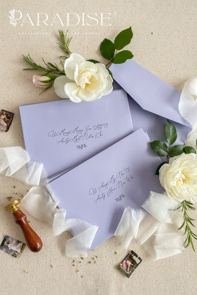 Lilac Envelopes and Black Ink Printing