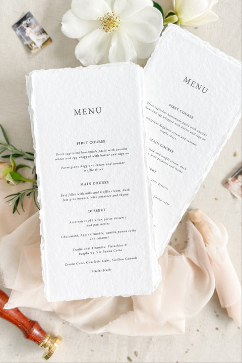 Bring a touch of understated elegance to your reception with our handmade paper wedding menus, designed for timeless beauty and artisanal charm. Each piece is crafted from luxury cotton rag paper with natural deckled edges and printed with fine typography that complements romantic, minimalist, or fine art wedding themes. Perfect for couples seeking authentic craftsmanship, these menus add texture, warmth, and sophistication to every place setting.