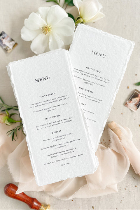 Bring a touch of understated elegance to your reception with our handmade paper wedding menus, designed for timeless beauty and artisanal charm. Each piece is crafted from luxury cotton rag paper with natural deckled edges and printed with fine typography that complements romantic, minimalist, or fine art wedding themes. Perfect for couples seeking authentic craftsmanship, these menus add texture, warmth, and sophistication to every place setting.