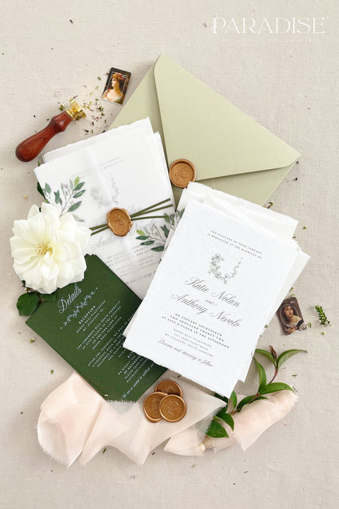 This botanical wedding invitation suite embodies effortless sophistication. Printed on luxury deckled-edge cotton paper, each piece is adorned with a delicate botanical motif and your custom monogram, creating a beautiful balance of refinement and intimacy. Wrapped in a vellum jacket featuring soft greenery details and tied with an olive silk ribbon, this suite exudes quiet romance - the kind inspired by nature, craftsmanship, and heartfelt storytelling.