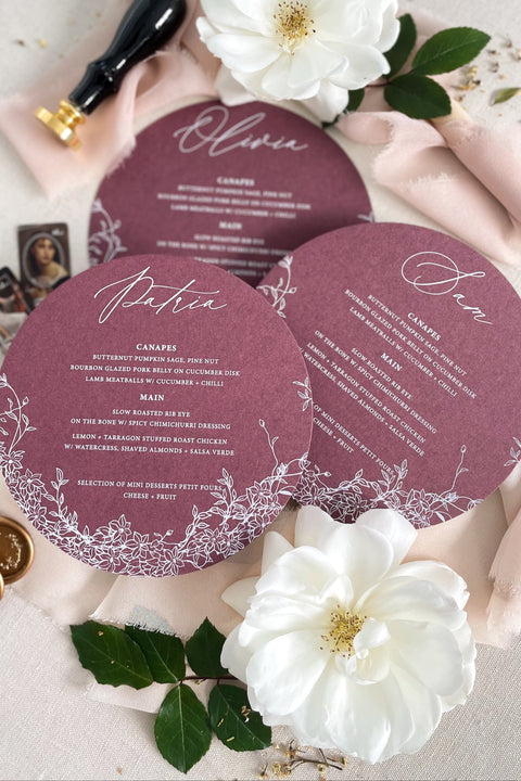 Add a modern twist to timeless elegance with our circle-shaped wedding menus, designed to make your table setting truly unforgettable. Printed on premium textured cardstock, these round menus blend artistic floral detailing with elegant typography, creating a look that’s both unique and refined. Perfect for romantic receptions, modern celebrations, or luxury garden weddings, these circular menus instantly elevate your guest experience with a graceful touch of design innovation.