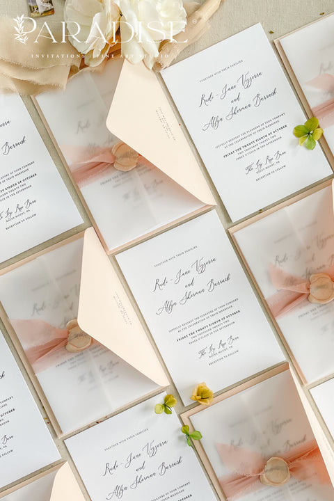 Delicate, romantic, and effortlessly graceful - this letterpress wedding invitation suite blends modern minimalism with artisanal charm. Each piece is crafted on thick, premium cotton paper, with deep letterpress impressions that capture the poetry of fine stationery. Wrapped in translucent vellum, tied with a blush silk ribbon, and finished with a wax seal, this suite is designed for couples who appreciate sophistication in every detail.
