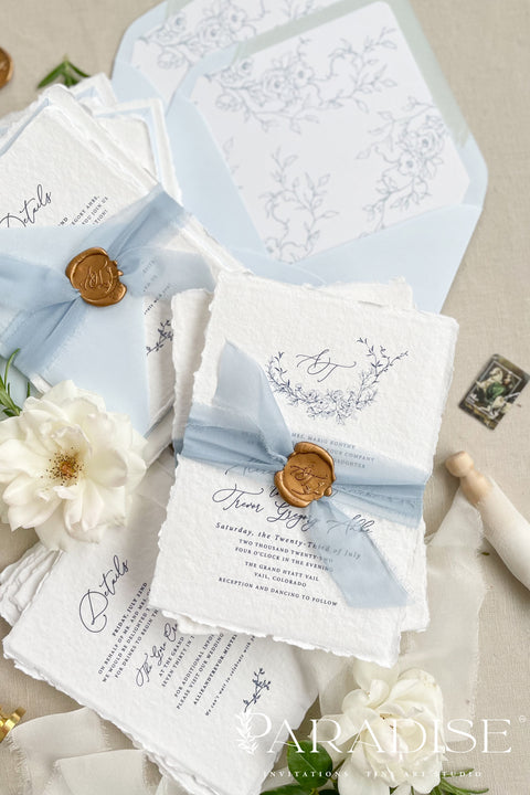 Announce your seaside celebration with these beautifully crafted handmade cotton paper wedding invitations. Perfect for a beach wedding, this suite combines a relaxed, coastal feel with the refined elegance of artisan paper. Each invitation is a true work of fine art, featuring a beautiful deckle edge and a timeless, romantic aesthetic that beautifully sets the tone for your special day.