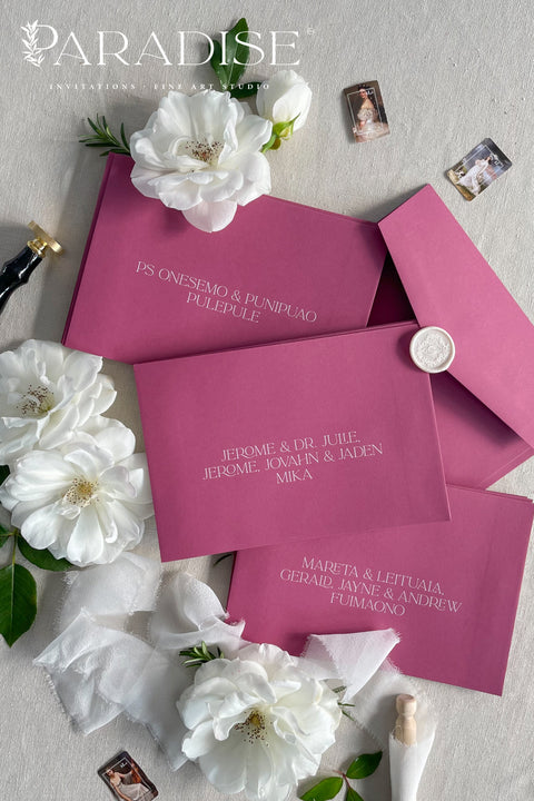 Plum wedding envelopes with professional address printing, crafted from premium paper and arranged to showcase rich color, smooth texture, and refined typography.