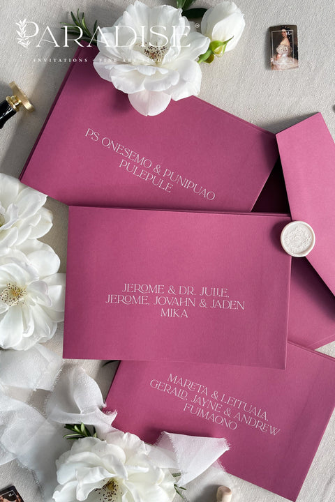 Plum wedding envelopes with professional address printing, crafted from premium paper and arranged to showcase rich color, smooth texture, and refined typography.