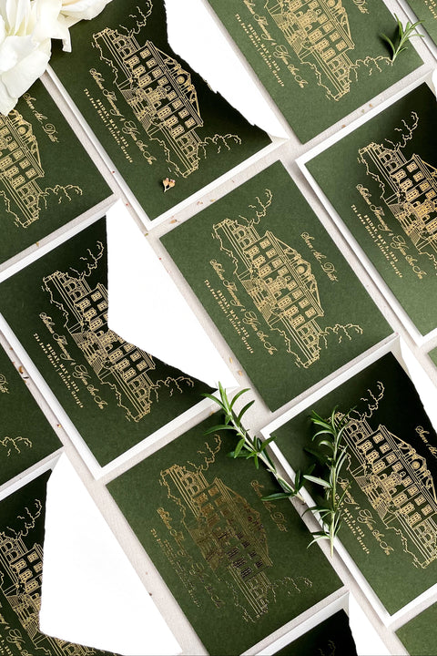 Make a stunning first impression with our Gold Foil Save the Date cards, featuring a bespoke illustration of your wedding venue pressed in shimmering metallic foil on rich forest green cardstock. Designed for couples who appreciate sophistication and artistry, each card exudes luxury while telling your unique love story through custom fine line detailing.