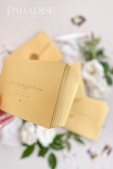 Soft gold wedding envelopes with printed addresses, styled flat lay with white florals, greenery, wax seal, and ribbon, perfect for elegant invitation suites.
